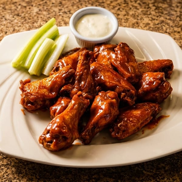 Plate of buffalo wings with celery sticks and a side of ranch dressing on a speckled countertop.