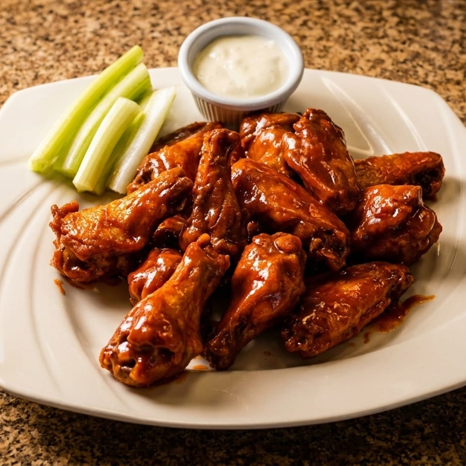 Plate of buffalo wings with celery sticks and a side of ranch dressing on a speckled countertop.