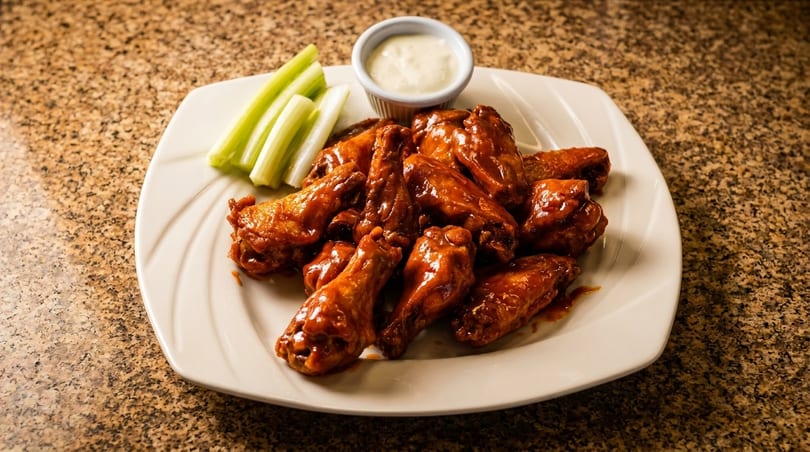 Plate of buffalo wings with celery sticks and a side of ranch dressing on a speckled countertop.