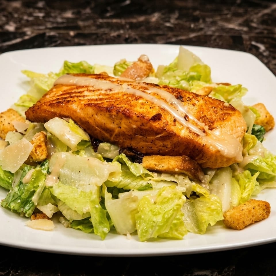 Grilled salmon fillet on a bed of fresh Caesar salad with croutons and parmesan cheese.