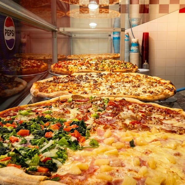Multiple large pizzas with various toppings displayed on a counter next to a soda fridge.