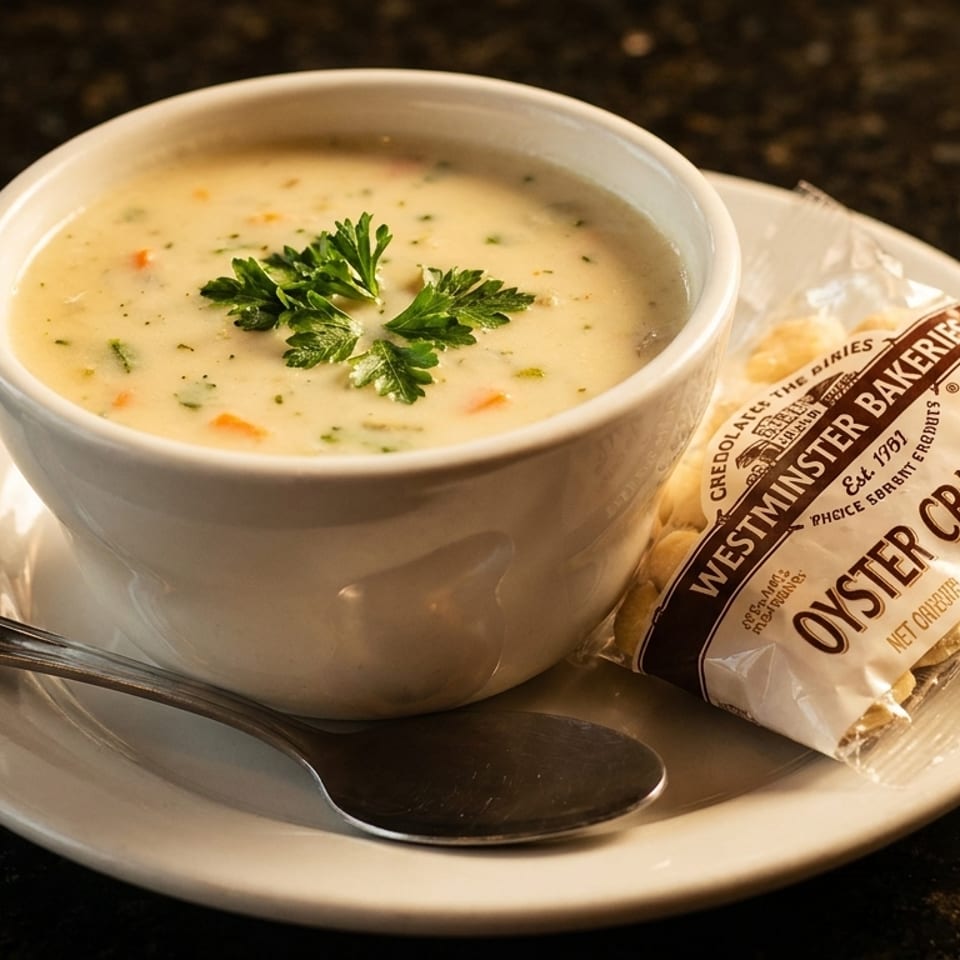 Creamy soup with parsley and carrots, served with a spoon and Westminster oyster crackers.