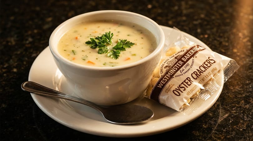Creamy soup with parsley and carrots, served with a spoon and Westminster oyster crackers.