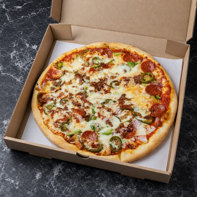 Pepperoni, Bacon, Onion & Pepper Pizza.